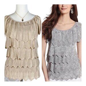 White‎ House Black Market WHBM Gold Shimmer Metallic Tiered Blouse Size Small